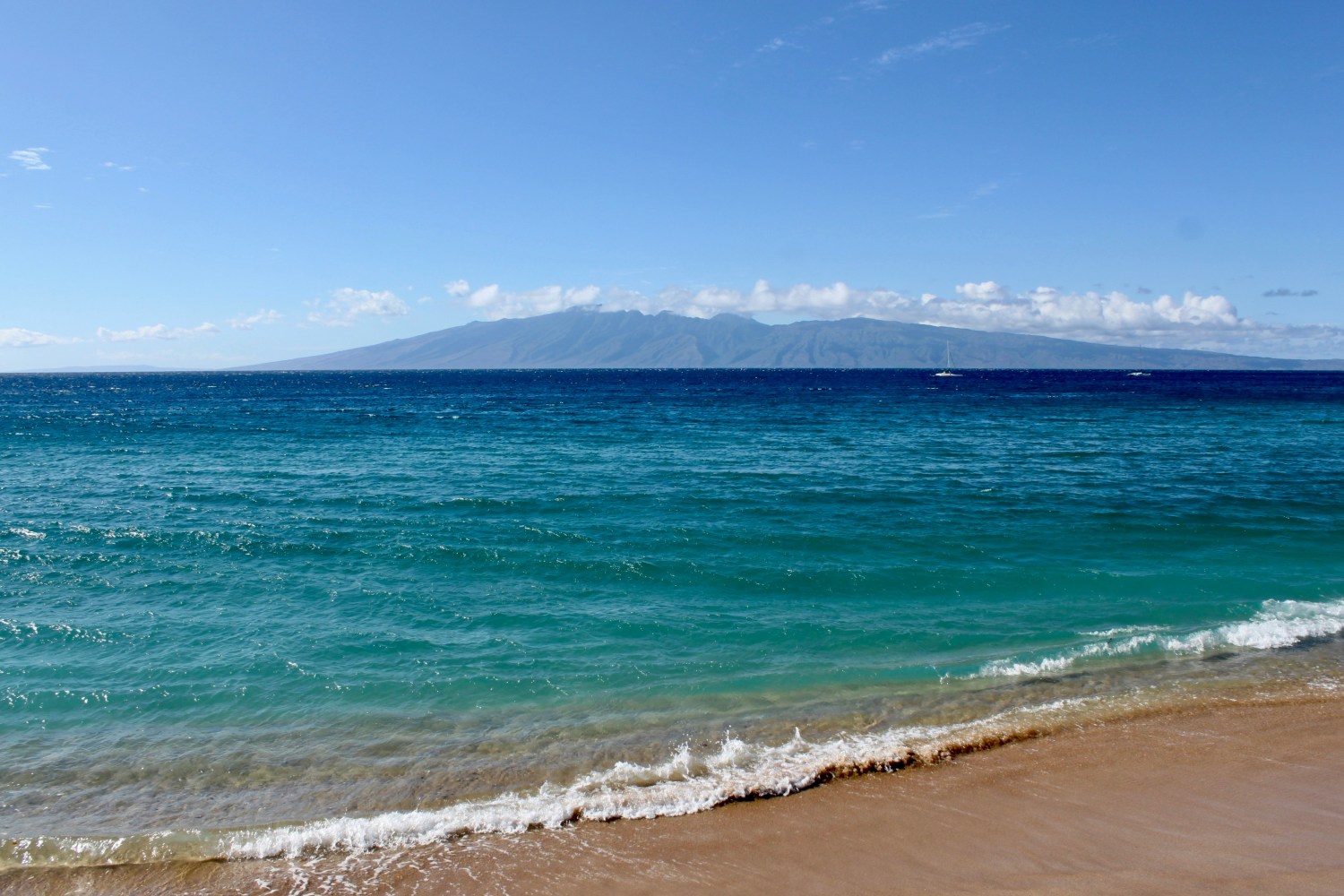Sandy beach with blue ocean waves and an island in the distance under a clear sky.
